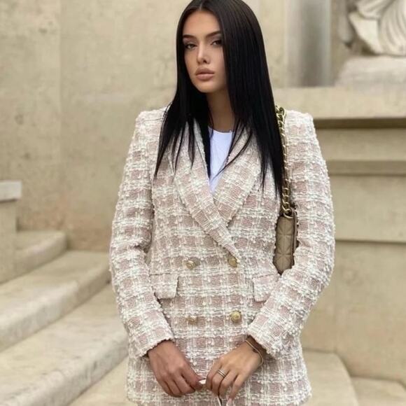 Zara Jackets & Blazers - NWOT Zara Textured Tweed Light Pink Double Breasted Blazer. Blogger fave.